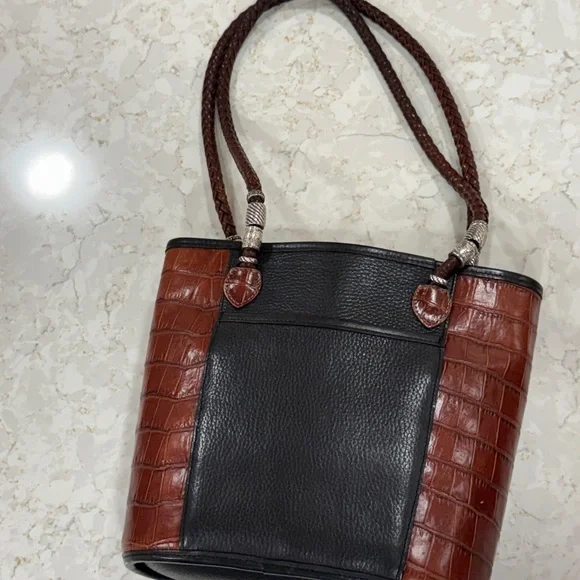 Brighton Caroline Bucket Purse Handbag Tote Black Leather Brown Croc & Dust Bag - Picture 6 of 10